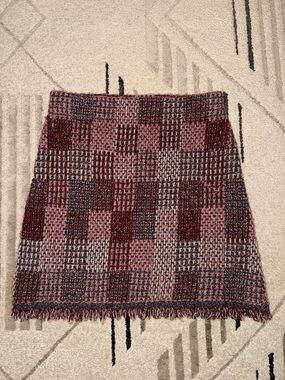 Zara Pink & Burgundy Plaid Tweed Mini Skirt